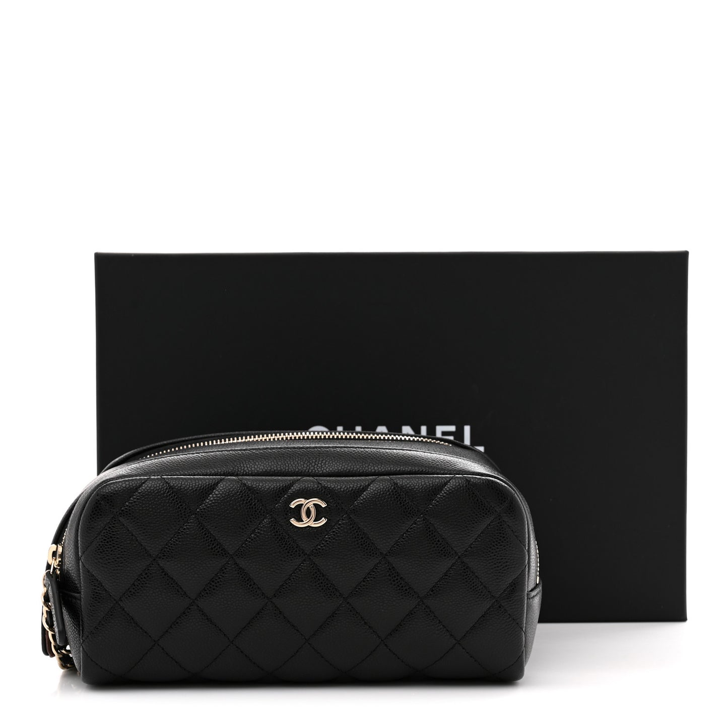 Caviar Quilted Toiletry Case With Chain Black