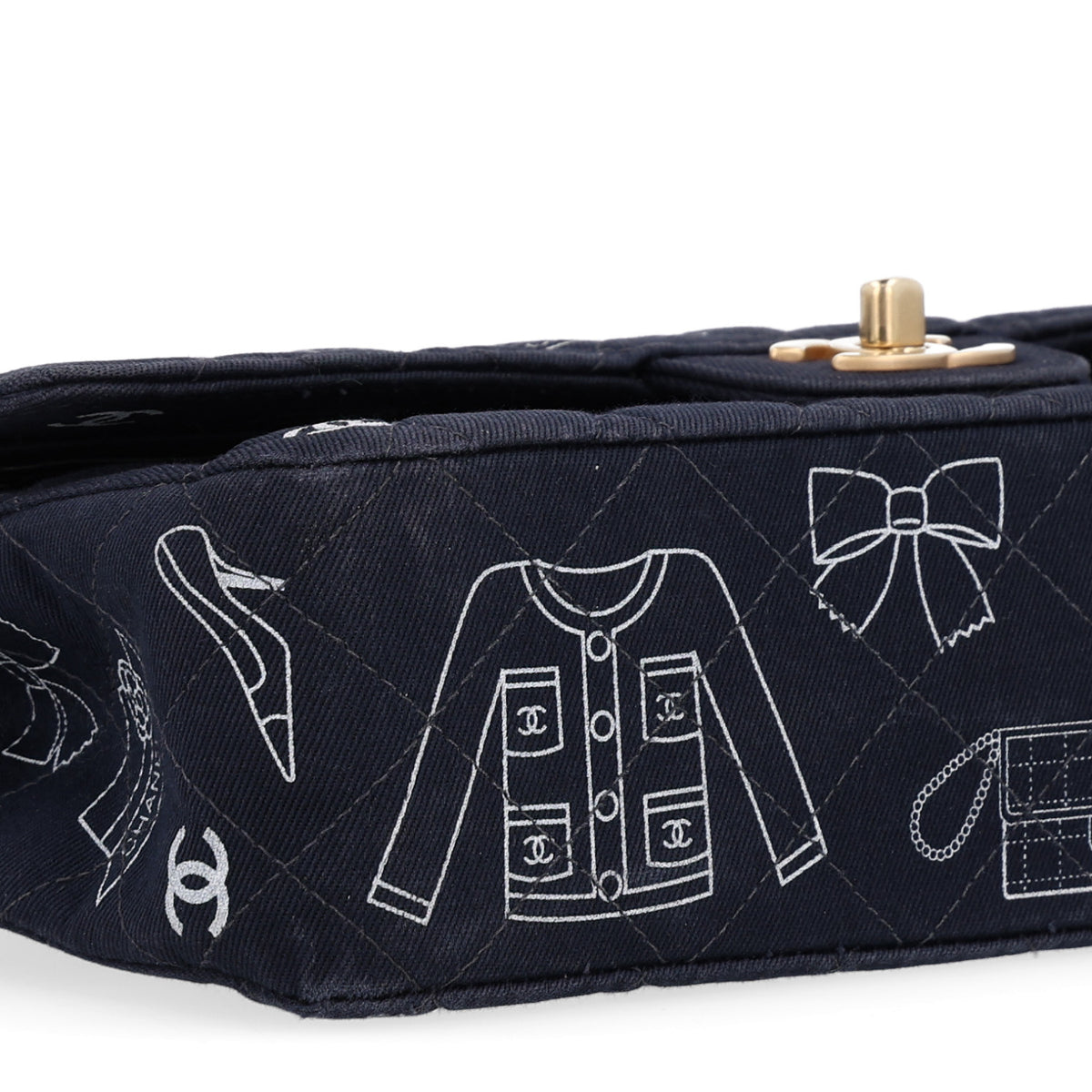 Canvas Printed Quilted Medium Double Flap Blue White
