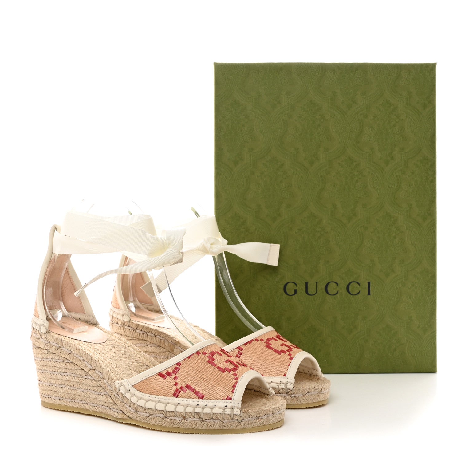 Gucci GG Raffia Monogram Ankle Wrap Platform Espadrille Wedge Sandals 37.5 Beige 9 of 9