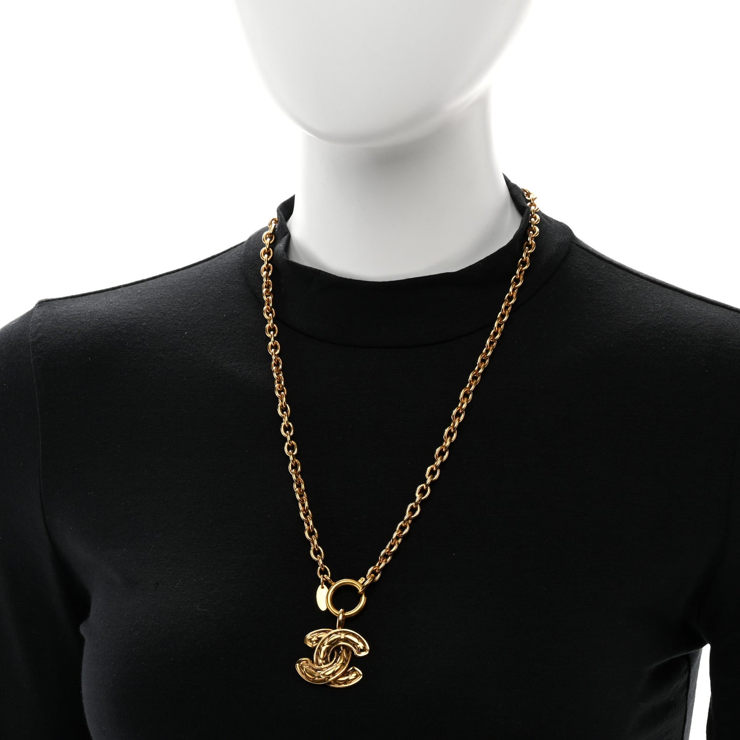Metal Quilted CC Long Necklace Gold