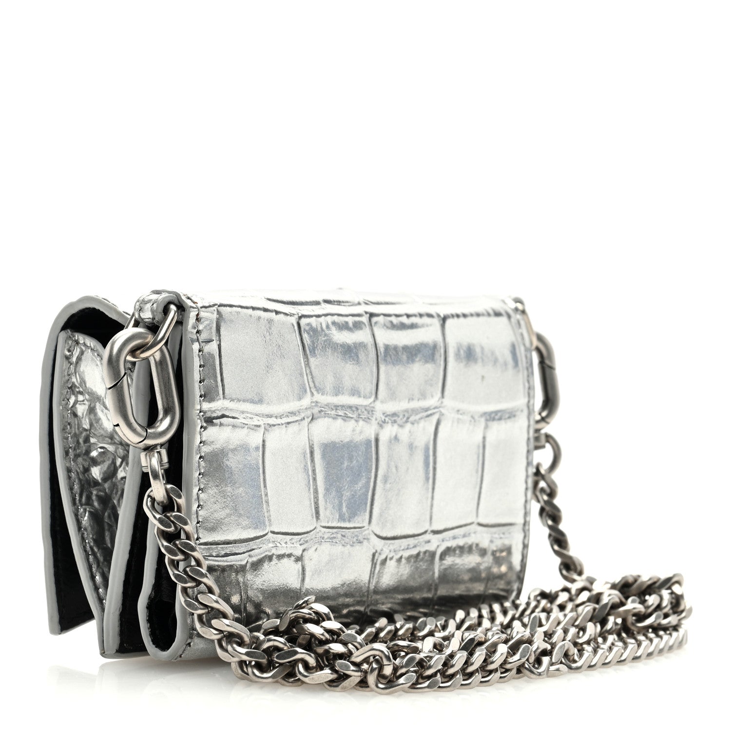 Balenciaga Metallic Calfskin Crocodile Embossed Mini Hourglass Wallet on Chain Silver 3 of 11