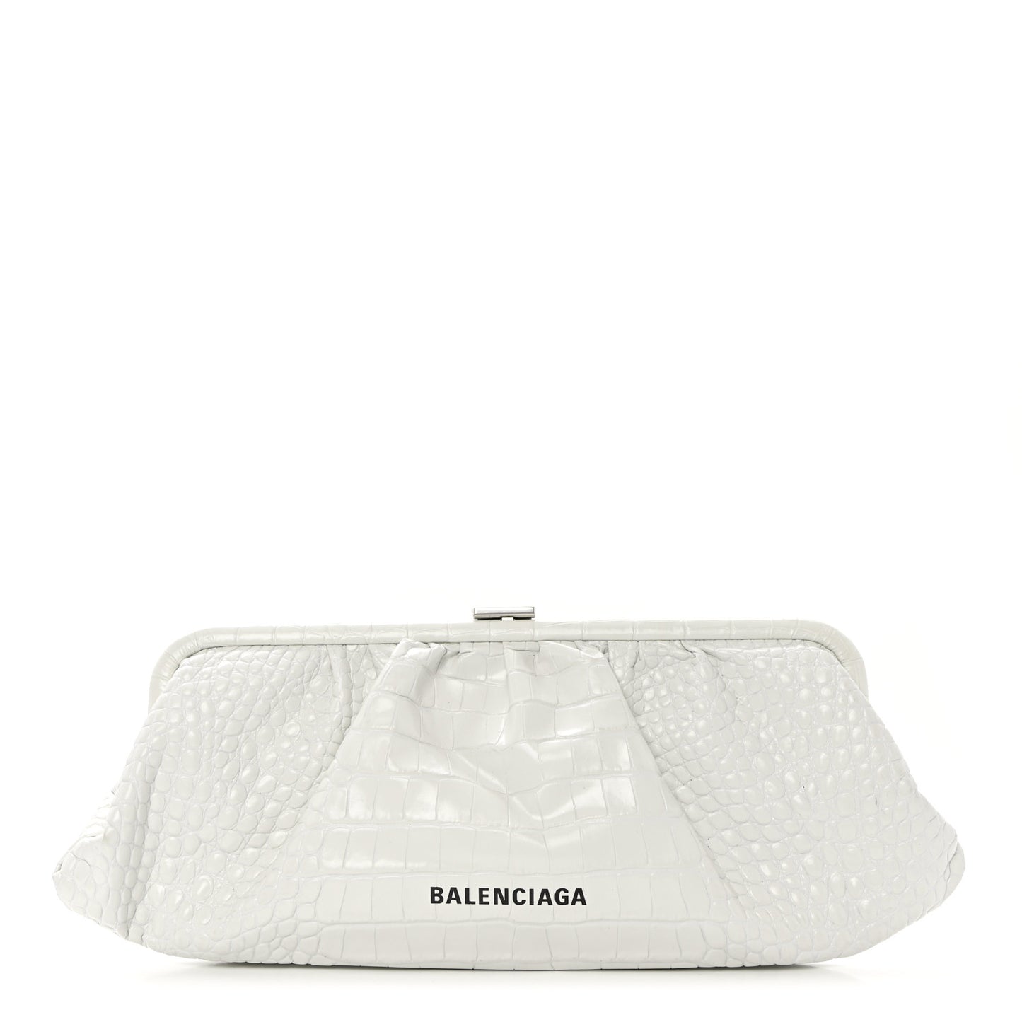 Shiny Supple Calfskin Logo Crocodile Embossed XL Cloud Clutch White