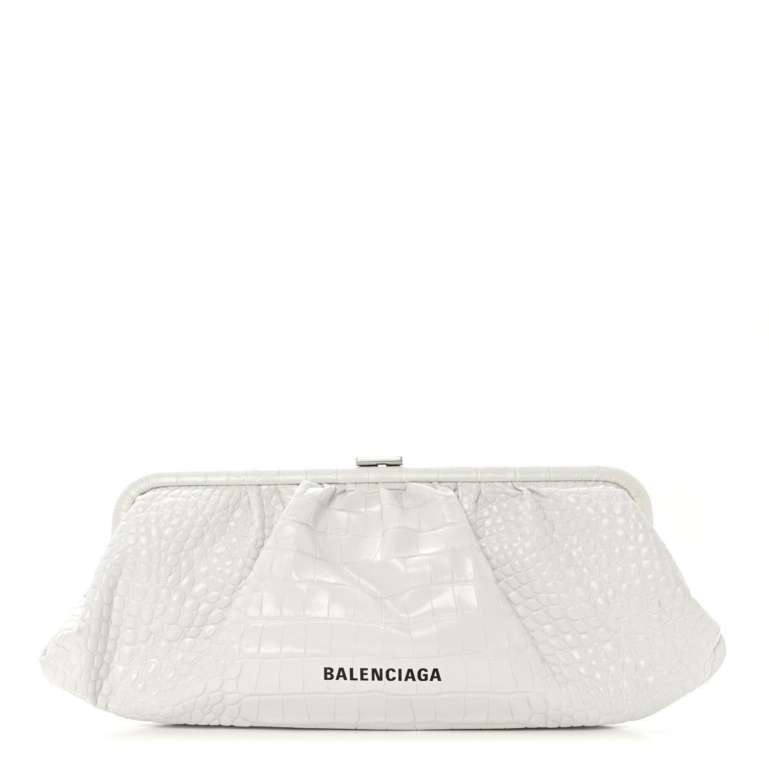 Balenciaga Shiny Supple Calfskin Logo Crocodile Embossed XL Cloud Clutch White 1 of 11