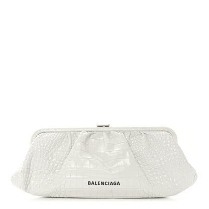 Balenciaga Shiny Supple Calfskin Logo Crocodile Embossed XL Cloud Clutch White 1 of 11