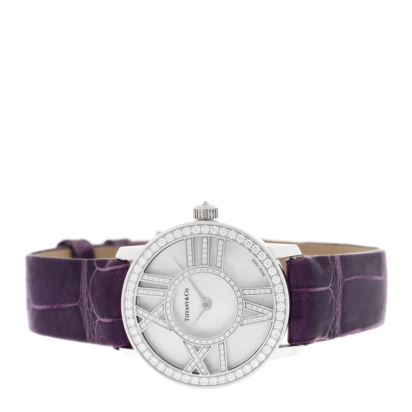 18K White Gold Alligator Diamond Mother of Pearl 26mm Atlas Round Cocktail Quartz Watch