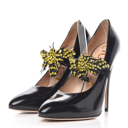 Gucci Polished Calfskin Removable Bee Elaisa Platform High Heel Pumps 37 Black 3 of 10