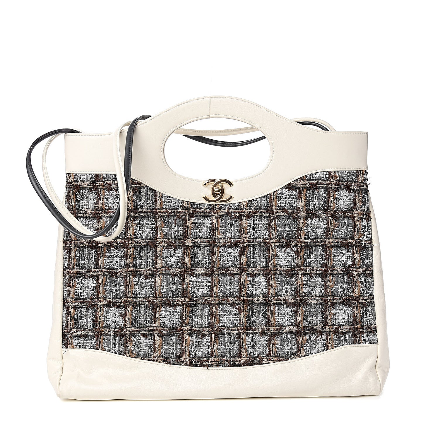 Tweed Calfskin Quilted Large 31 Shopping Bag White Multicolor