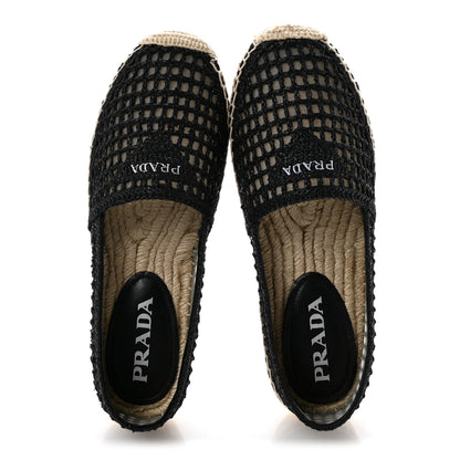 Prada Raffia Triangle Logo Crochet 20mm Espadrilles 37 Black Naturale 2 of 9
