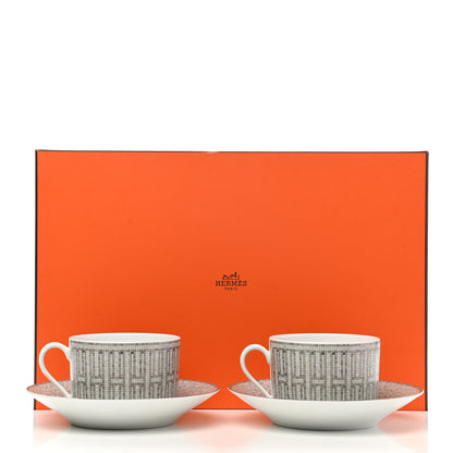 Hermes Porcelain Mosaique Au 24 Breakfast Cup And Saucer Set Of 2 Platine 10 of 10