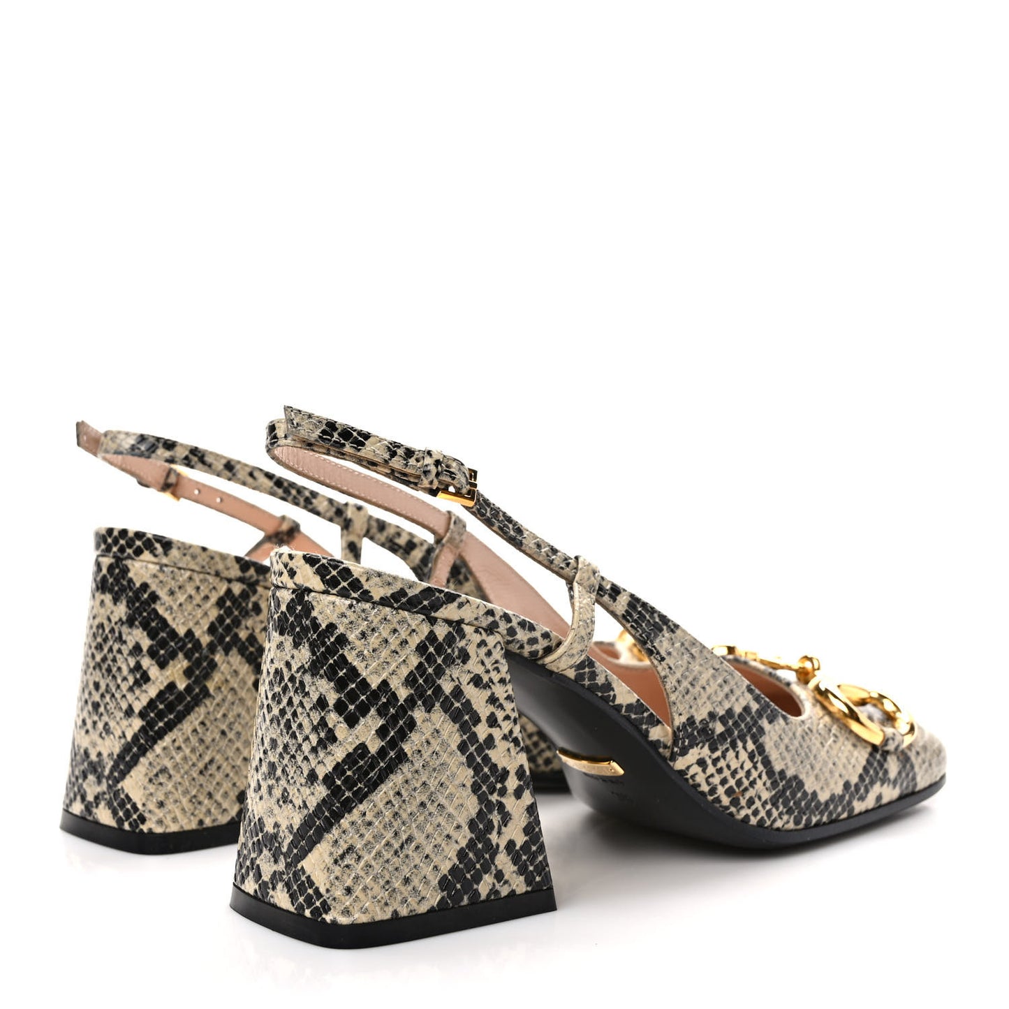 Calfskin Snakeskin Print Horsebit 75mm Slingback Pumps 36 Beige Avana