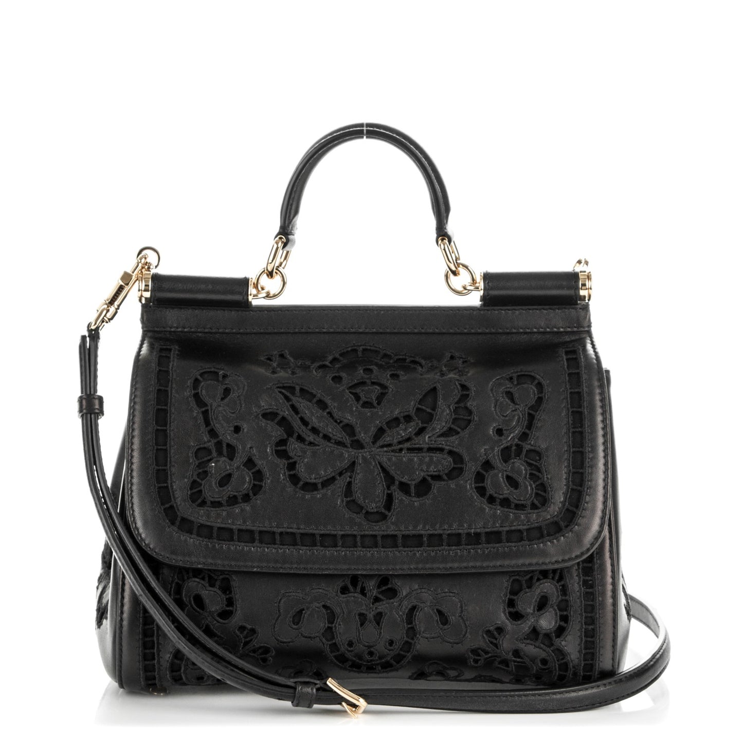 Calfskin Medium Embroidered Laser Cut Miss Sicily Satchel Black
