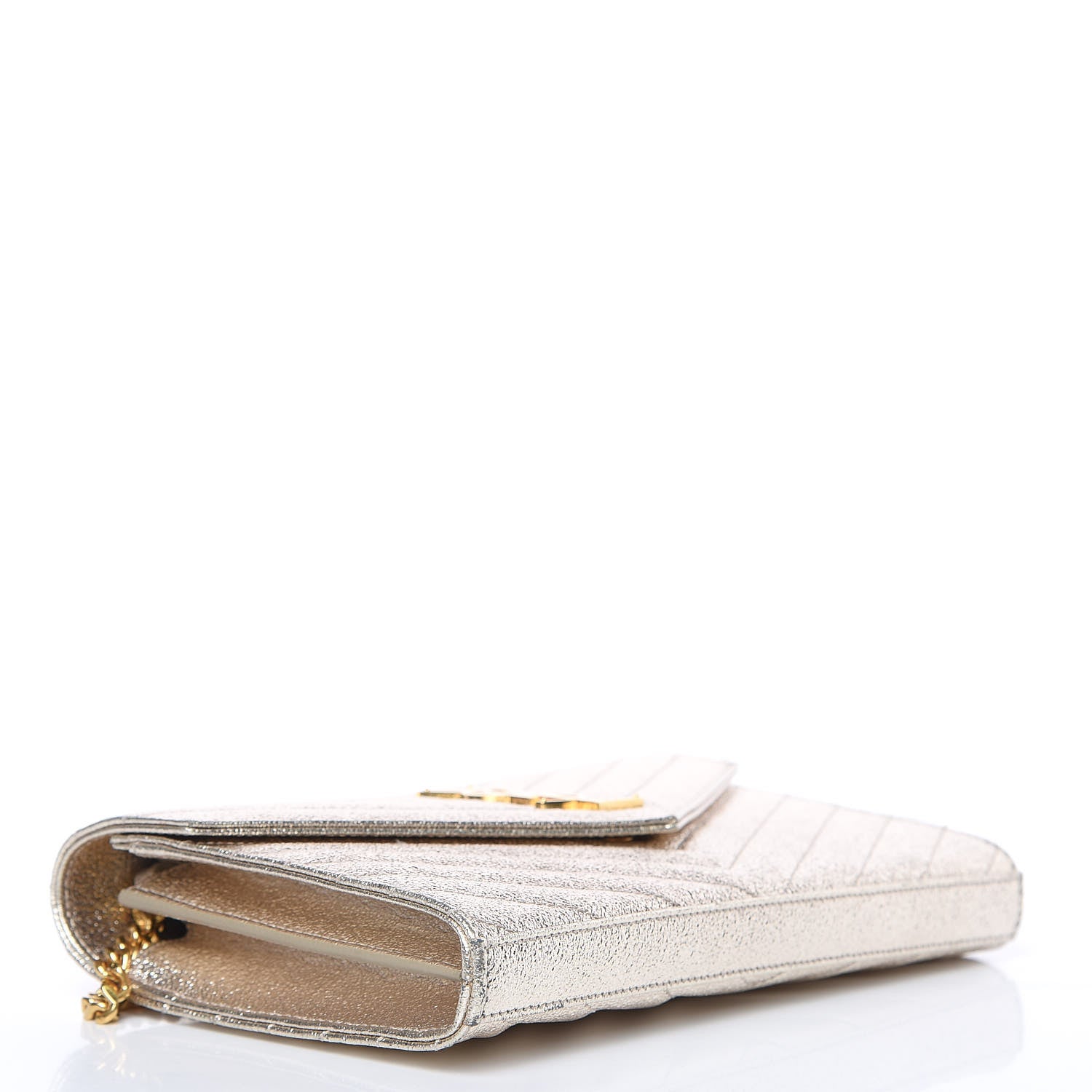 Saint Laurent Metallic Crackled Calfskin Matelasse Chevron Monogram Chain Wallet Gold 4 of 9