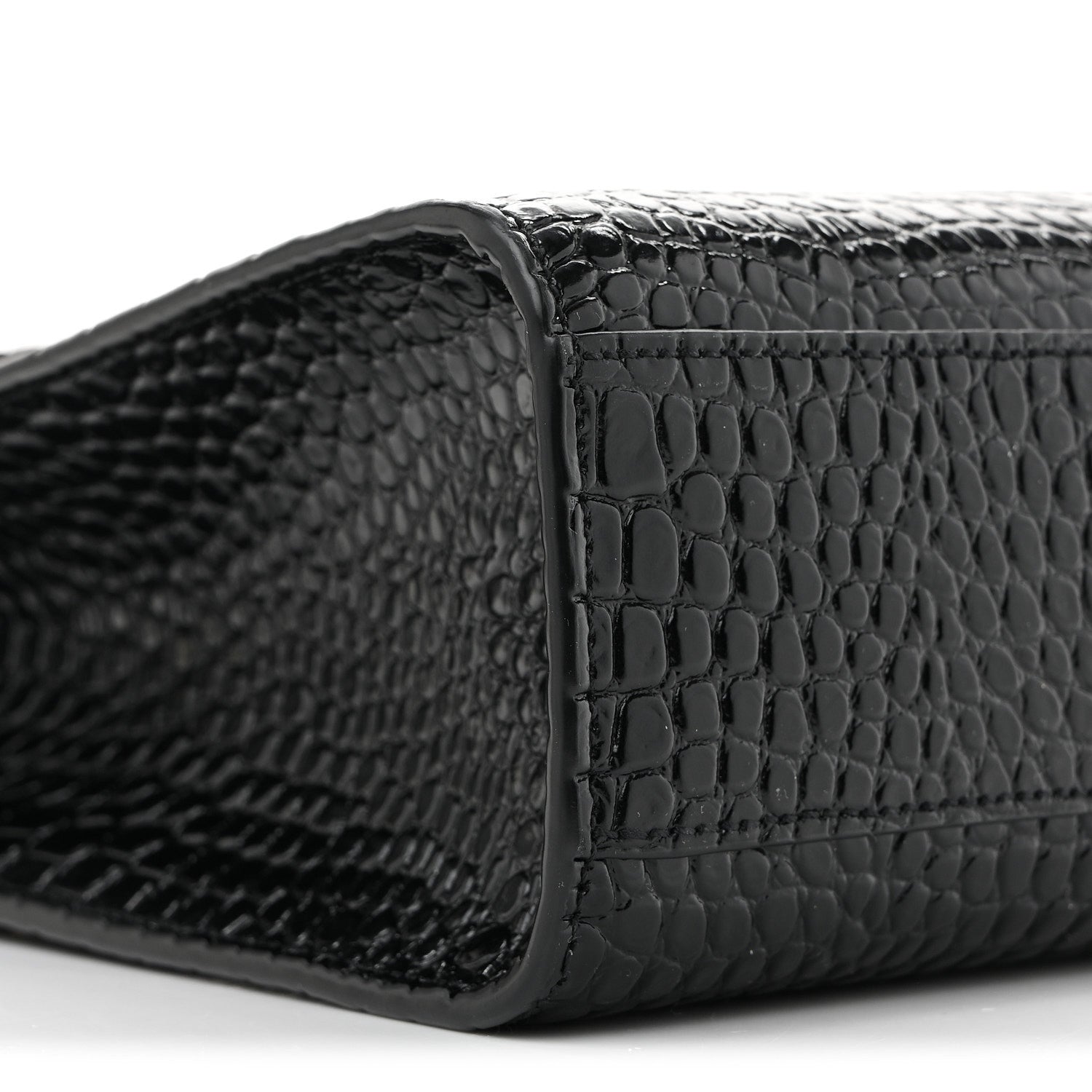 Saint Laurent Shiny Calfskin Crocodile Embossed Manhattan Baguette Black 8 of 10