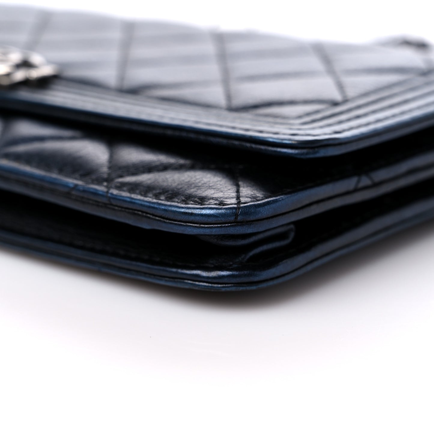 Metallic Calfskin Quilted Boy Wallet On Chain WOC Navy Blue