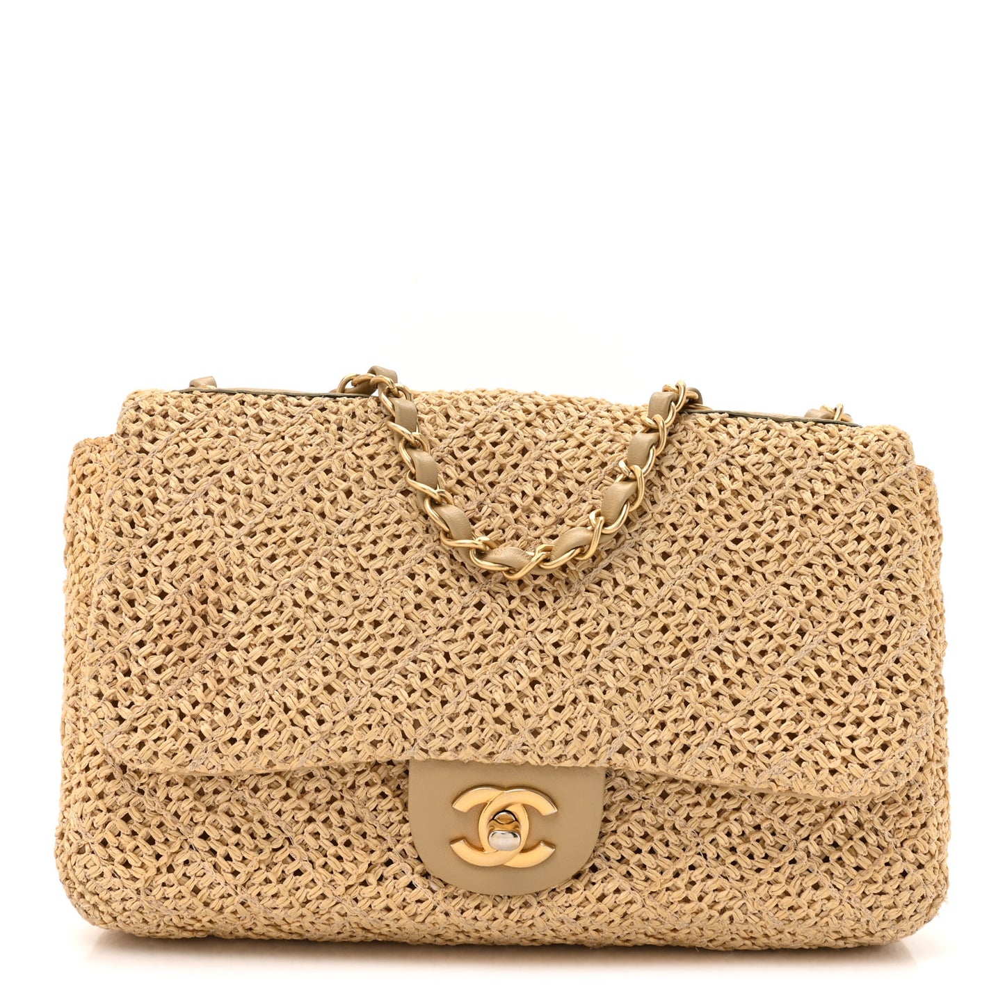 Raffia Crochet Medium Single Flap Bag Beige