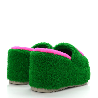 Gucci Shearling Interlocking G Womens Elea Platform Slide Wedge Sandals 37 Green Fluo Fuxia Fluo 4 of 8