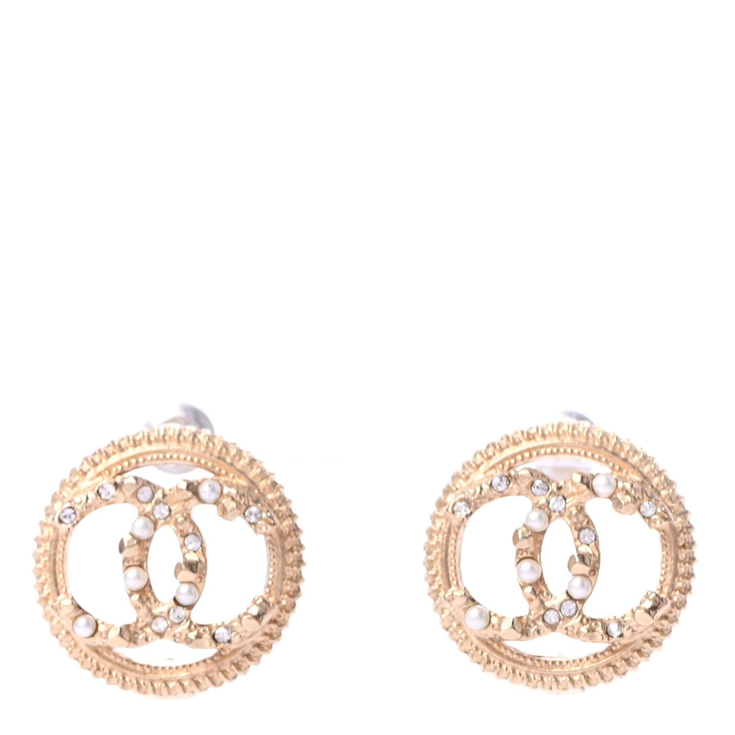 Pearl Crystal CC Round Earrings Gold