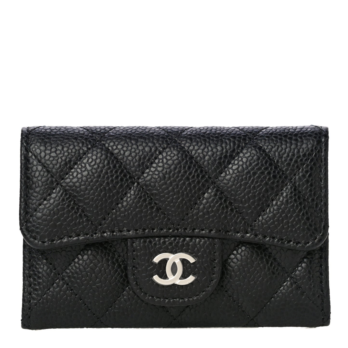 Caviar Quilted Flap Card Holder Wallet Black