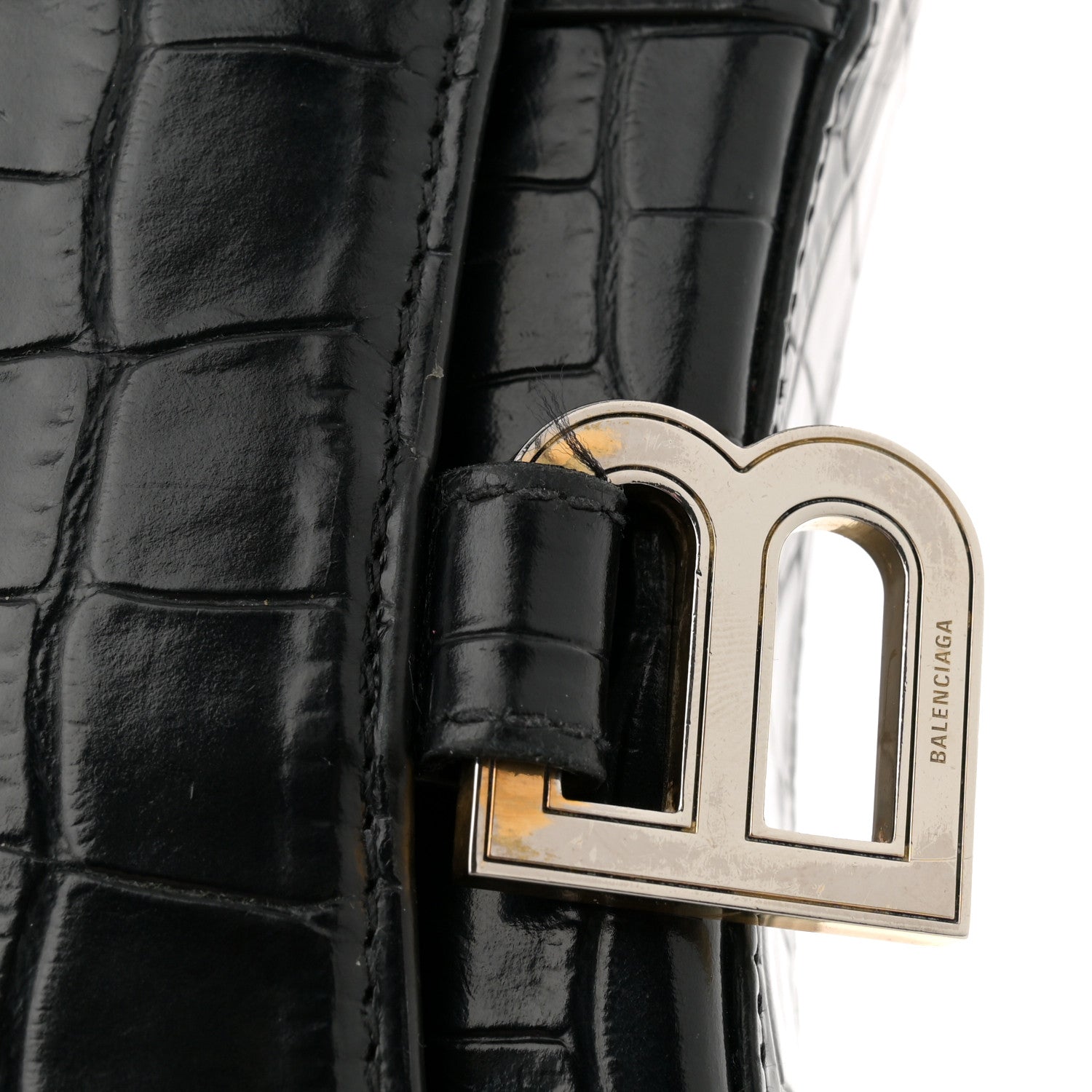 Balenciaga Shiny Calfskin Crocodile Embossed Hourglass Chain Bag Black 12 of 12