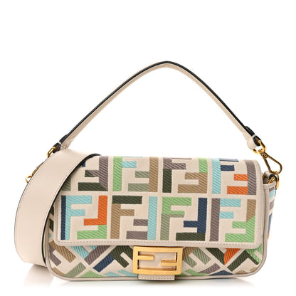 Fendi Canvas Vitello Seta FF Multicolor Embroidered Baguette Grezzo Multicolor Latte 1 of 11
