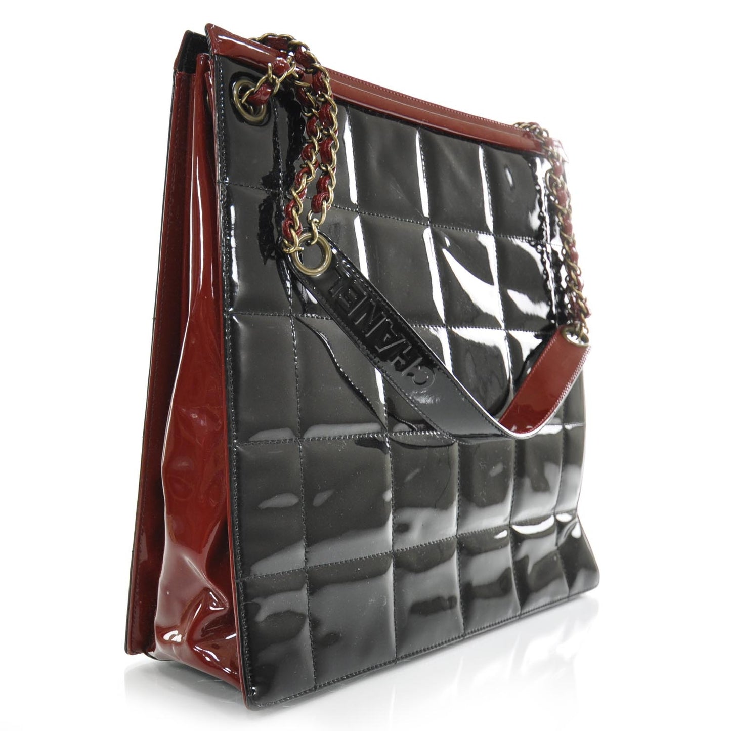 Patent Chocolate Bar Quilted Shoulder Bag Black and Red