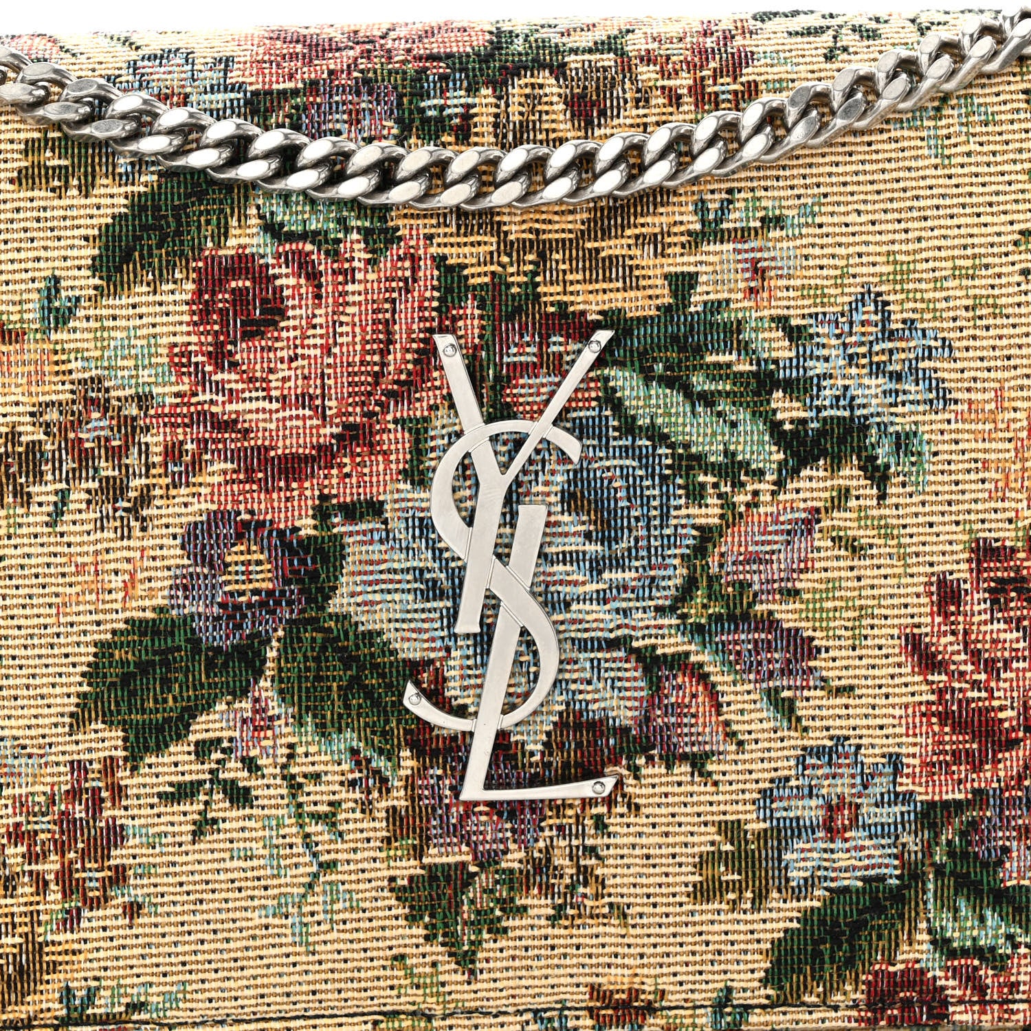 Saint Laurent Tapestry Bouquet Monogram Chain Wallet Beige Rogue Blue 7 of 9