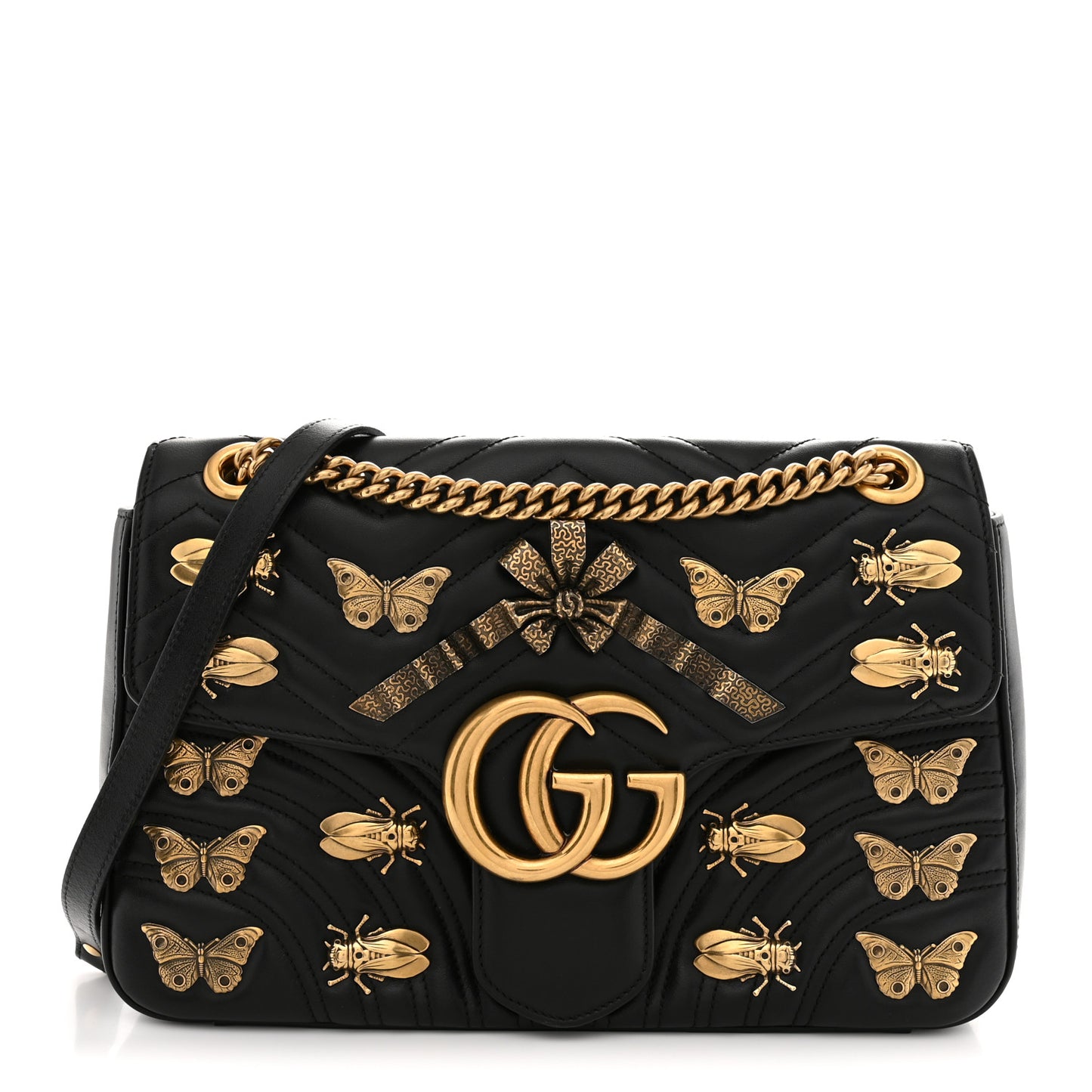 Calfskin Matelasse Animal Studs Medium GG Marmont Shoulder Bag Black