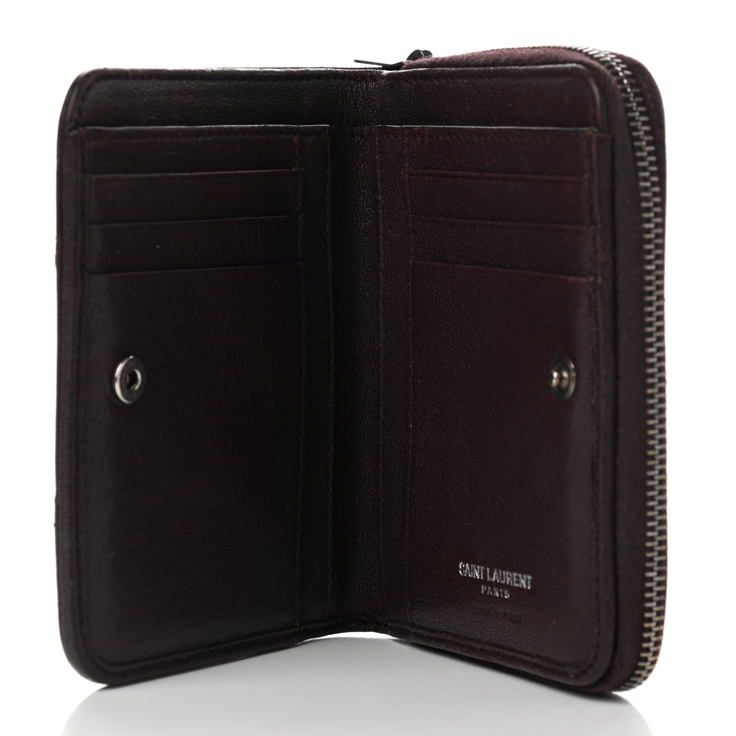 Saint Laurent Calfskin Mixed Matelasse Chevron Monogram Compact Zip Around Wallet Dark Brown 5 of 7