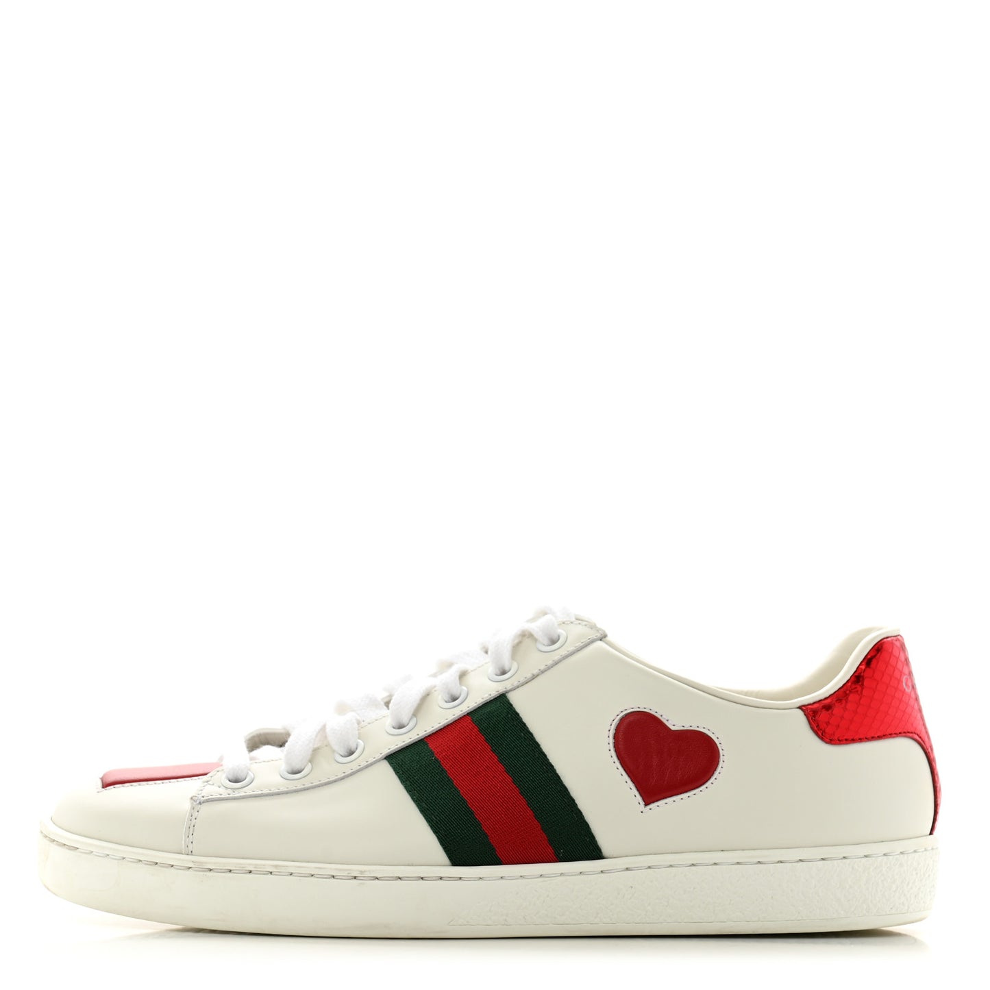 Calfskin Web Heart Embroidered Womens Ace Sneakers 38 White
