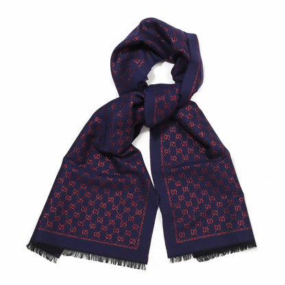 Gucci Wool Silk Jacquard GG Monogram Stenix Scarf Navy Red 1 of 4