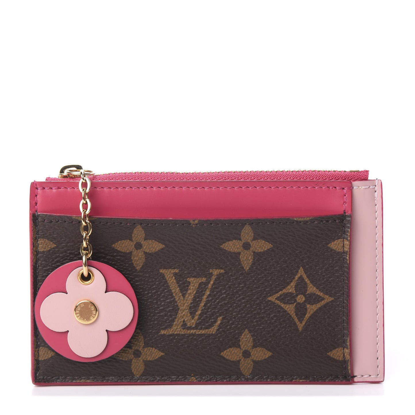 Monogram Blooming Flowers Zipped Card Holder Hot Pink Rose Ballerine