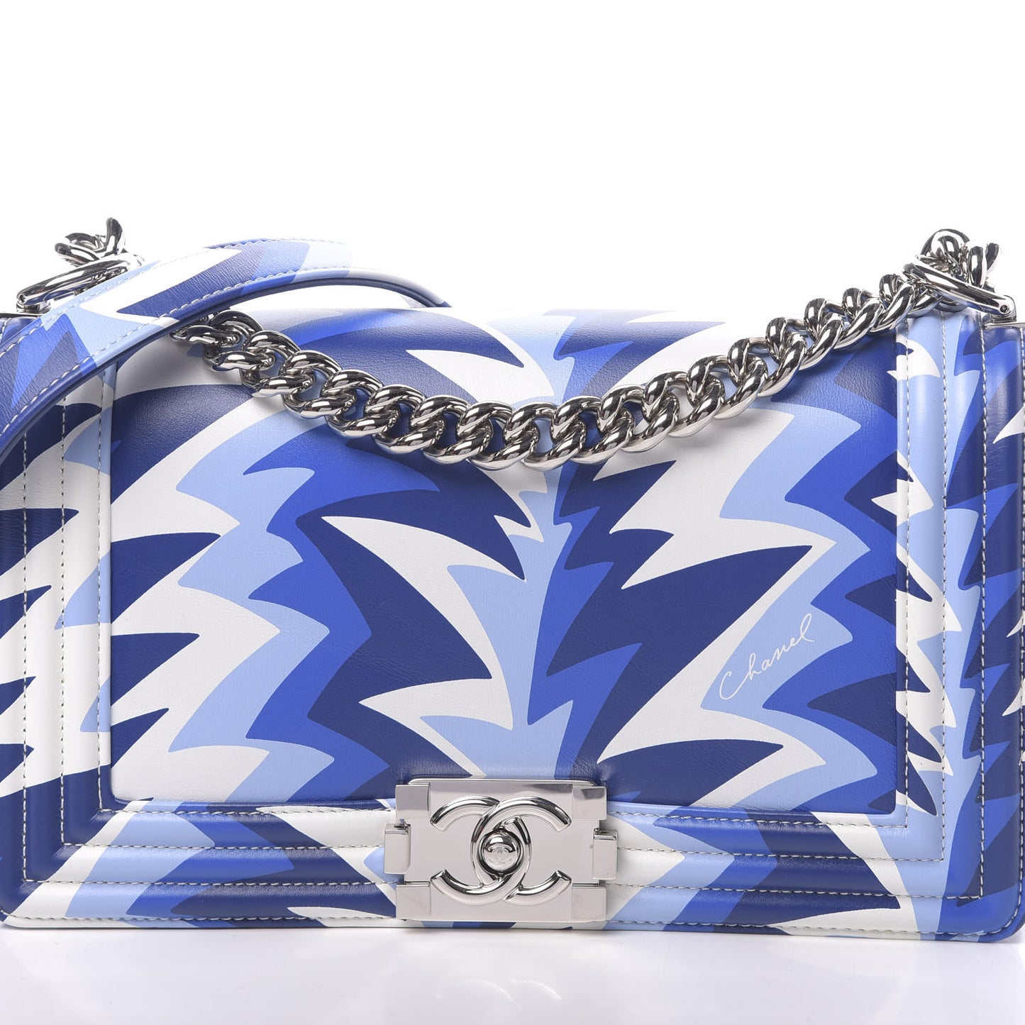 Printed Calfskin Medium Boy Flap Blue White