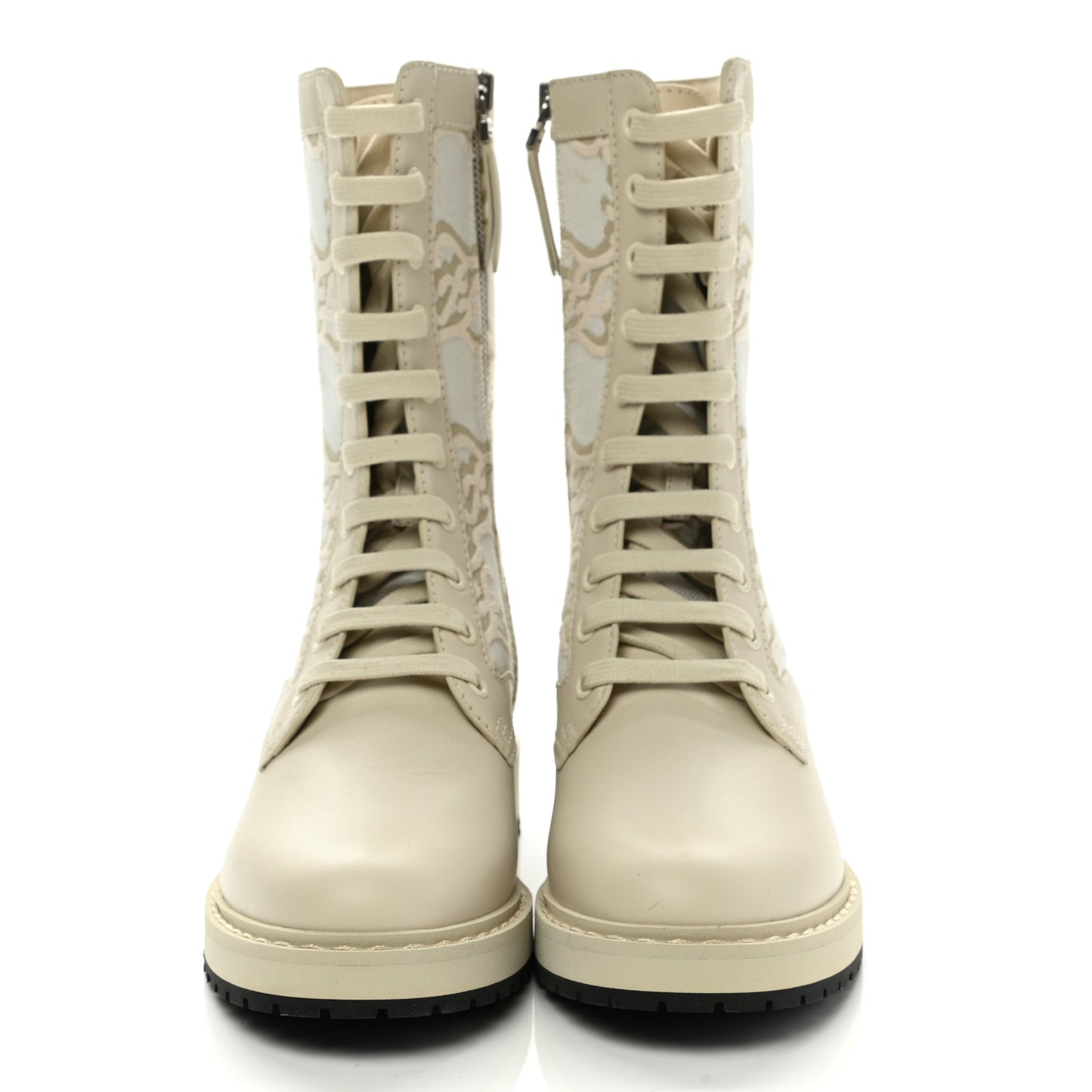 Vitello Fabric Jacquard Karligraphy Embroidered Womens Combat Boots 36.5 White Camelia