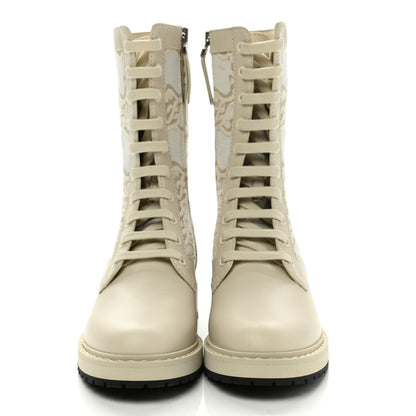 Fendi Vitello Fabric Jacquard Karligraphy Embroidered Womens Combat Boots 36.5 White Camelia 2 of 7