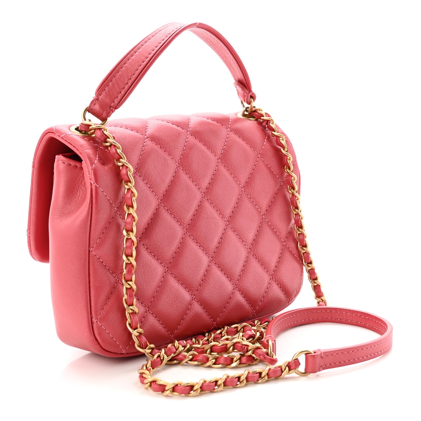 Metallic Calfskin Quilted Top Handle Flap Dark Pink