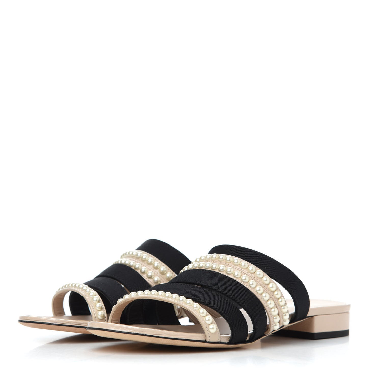 Patent Calfskin Grosgrain CC Pearl Mules 36 Beige Black