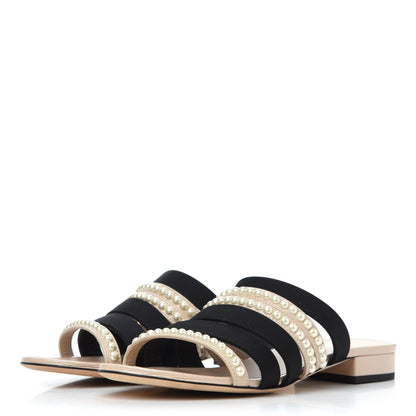 Chanel Patent Calfskin Grosgrain CC Pearl Mules 36 Beige Black 5 of 26
