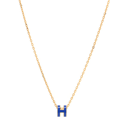 Hermes Lacquered Gold Mini Pop H Pendant Necklace Blue Electrique 1 of 7