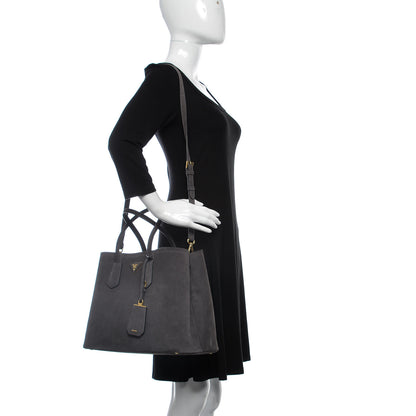 Prada Scamosciato Suede Medium Double Bag Tote Grigio 2 of 9