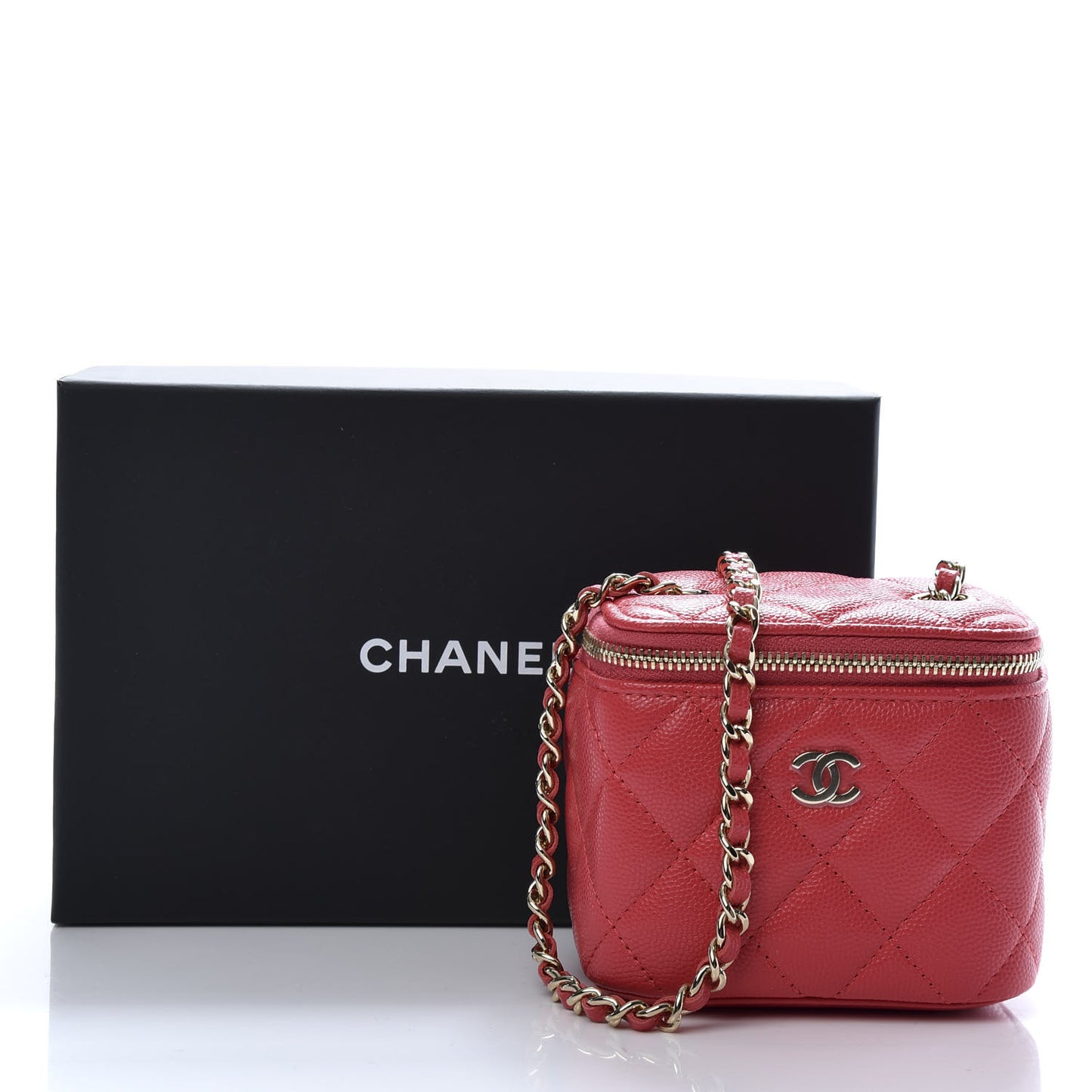 Caviar Quilted Mini Vanity Case With Chain Red
