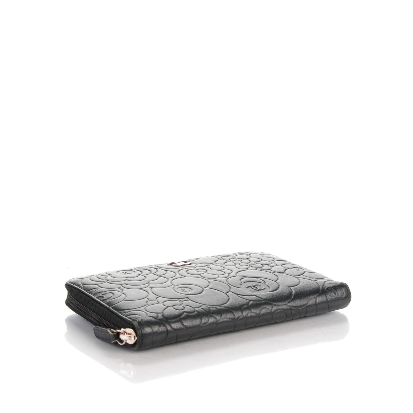 Lambskin Camellia Embossed Zip Around Organizer Wallet Black