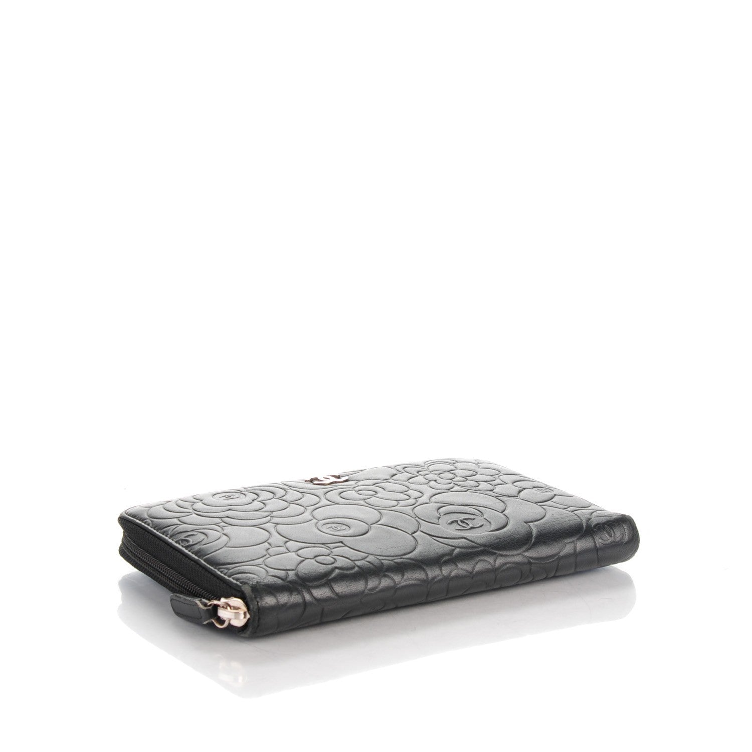 Chanel Lambskin Camellia Embossed Zip Around Organizer Wallet Black 4 of 8