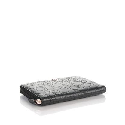 Chanel Lambskin Camellia Embossed Zip Around Organizer Wallet Black 4 of 8