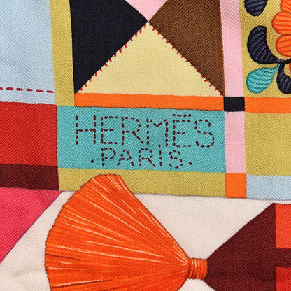 Hermes Cashmere Silk L'Art du Bojagi Shawl 140 Blanc Turquoise Orange 5 of 6