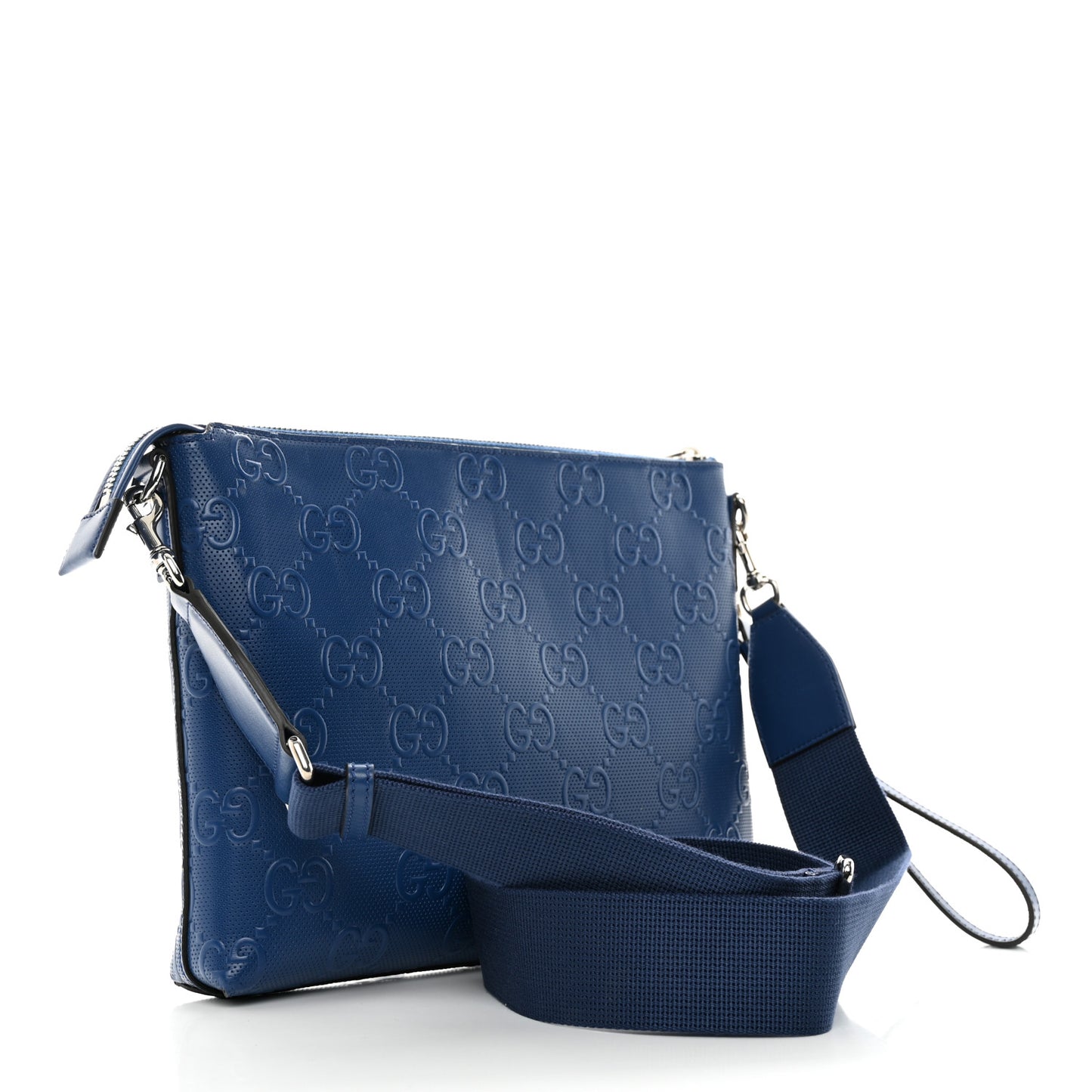 Calfskin GG Tennis Embossed Medium Wristlet Messenger Bag Intense Metal Blue