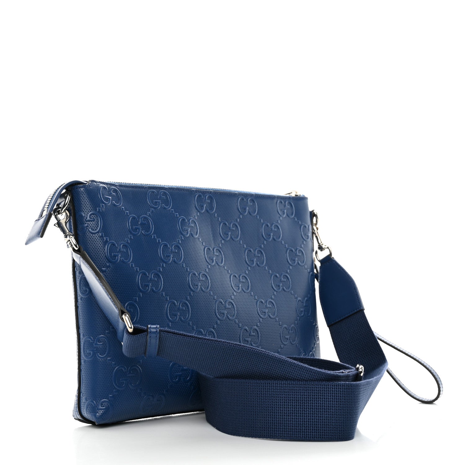 Gucci Calfskin GG Tennis Embossed Medium Wristlet Messenger Bag Intense Metal Blue 2 of 11