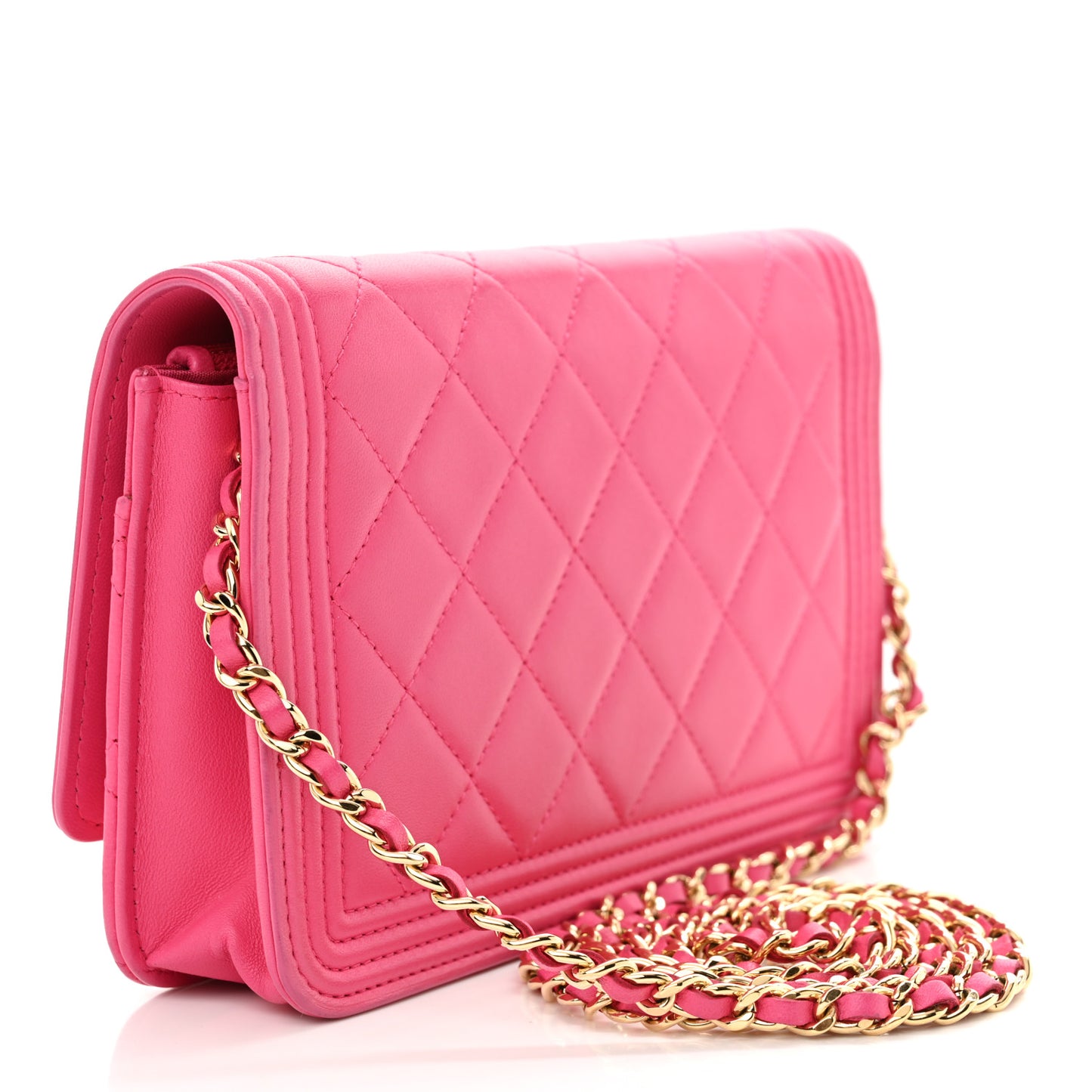 Lambskin Quilted Boy Wallet On Chain WOC Dark Pink