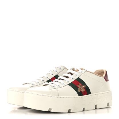Gucci Calfskin Web Bee Embroidered Womens Ace Platform Sneakers 37.5 White 4 of 9