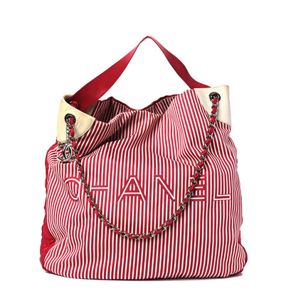 Chanel Striped Canvas Logo Tote Red 1 of 11