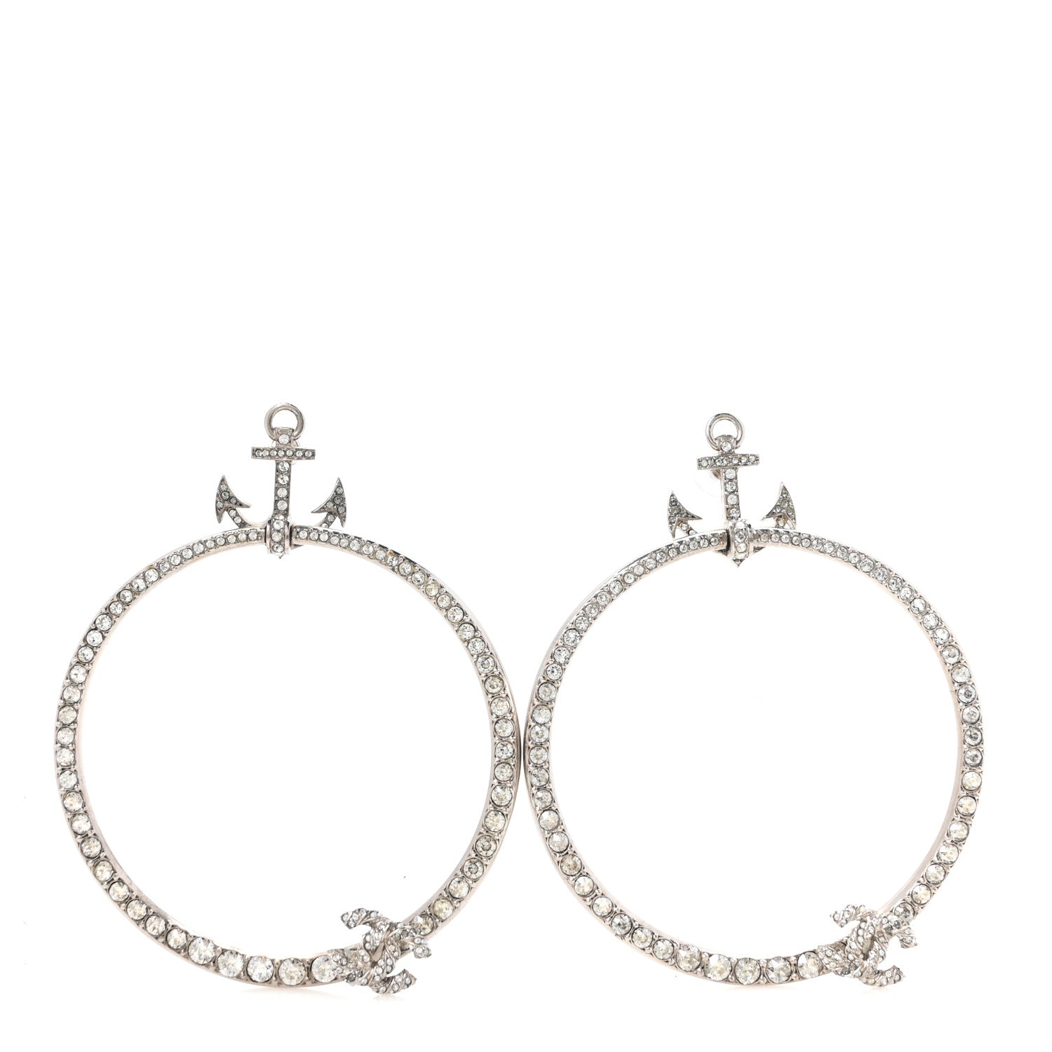 Chanel Crystal Anchor CC Hoop Earrings Silver 1 of 5